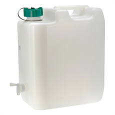 Stor, transparent behållare med grönt skruvlock och tappkran. Kapacitet: 35 liter.